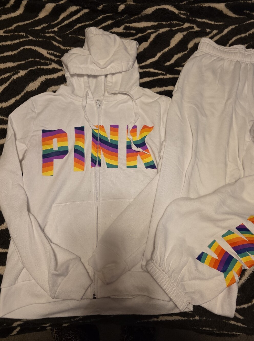 PINK White Zip Hoodie & Sweatpants Set with Rainbow Logo